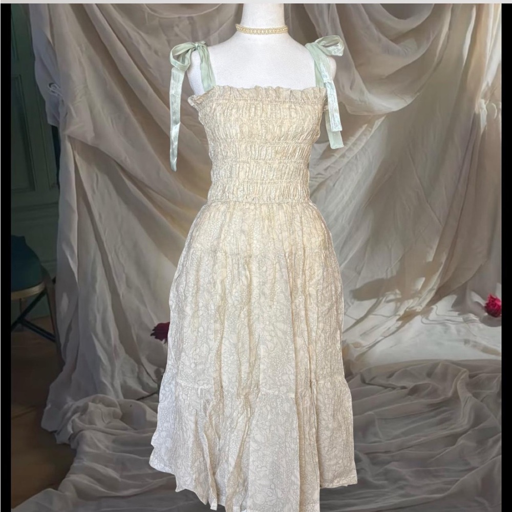 En Saison Cream Midi Dress with Green Bow Straps
